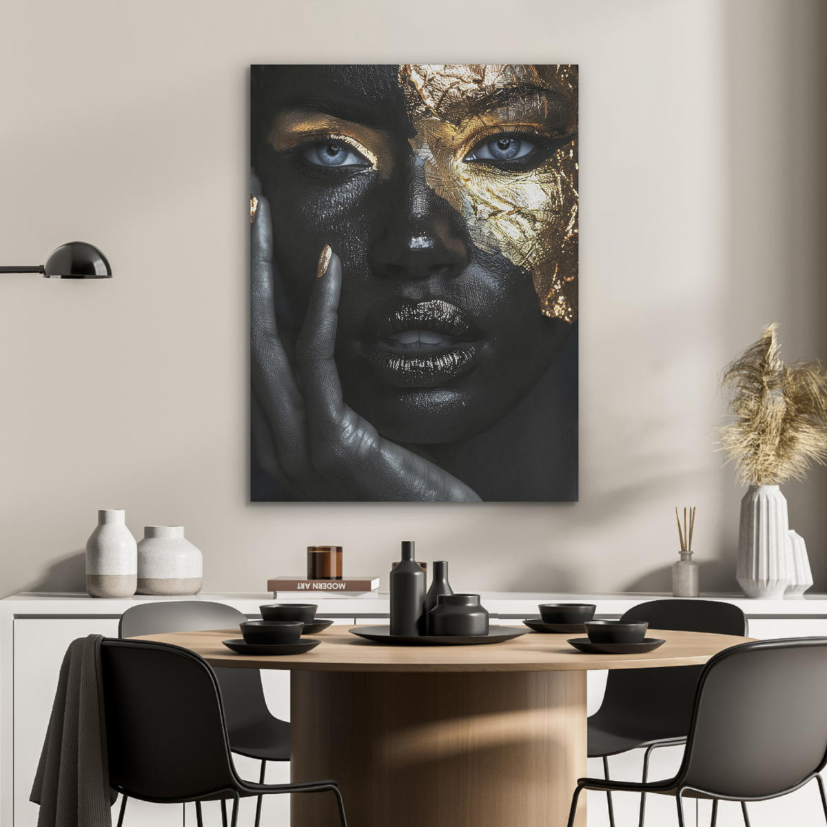 AKUSTIKPANEEL Frau - Gold - Porträt - Schwarz-Weiß - Luxus 60x80 cm - Hellblau, Textil (60/0.9/80cm) - MuchoWow