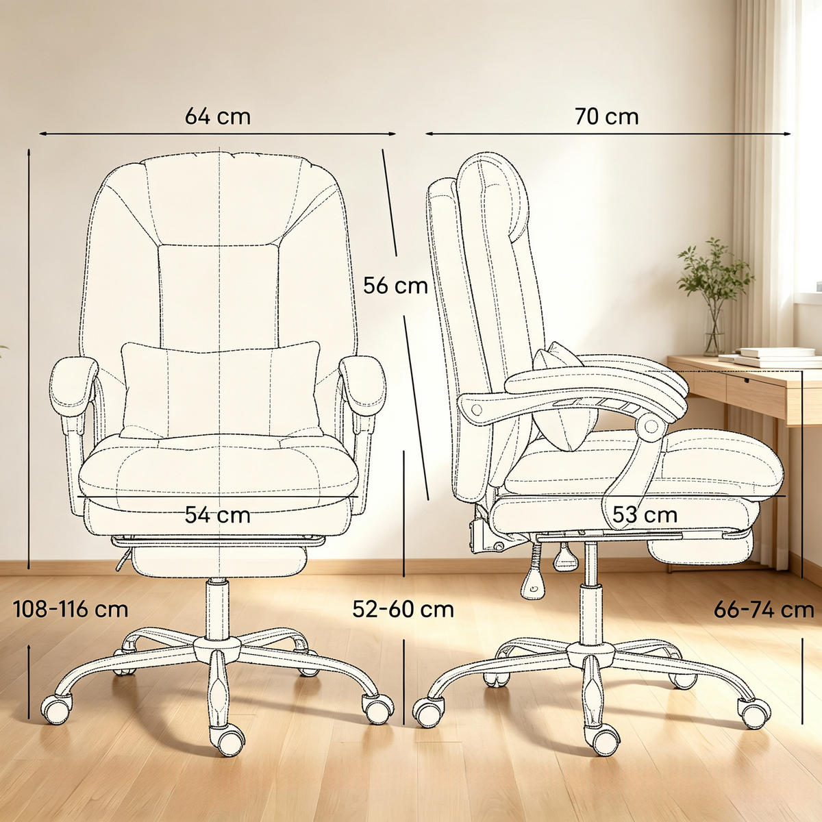 DREHSTUHL aus Velours mit Fußstütze höhenverstellbar 108 116 cm - Weiß, Textil (64/108/70cm) - Gisaae