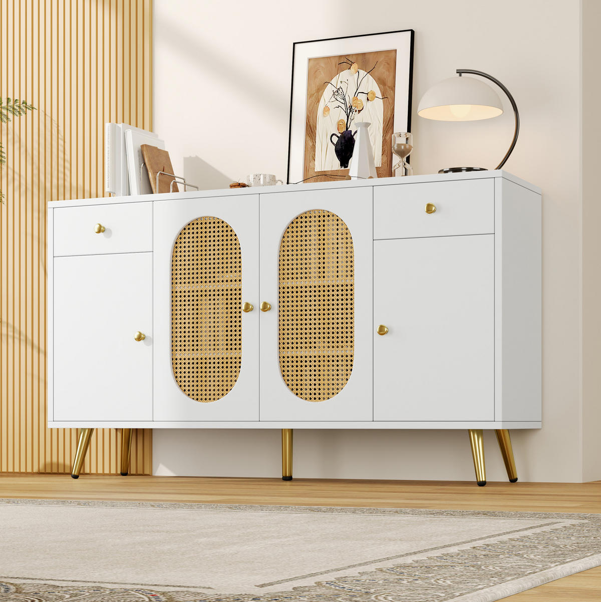 SIDEBOARD aus Spanplatte 140/35/82 cm mit 2 Schubladen, 4 Türen, höhenverstellbaren Einlegeböden und Metallfüßen, Natur/Weiß - Naturfarben, Holzwerkstoff (140/82/35cm) - Redom