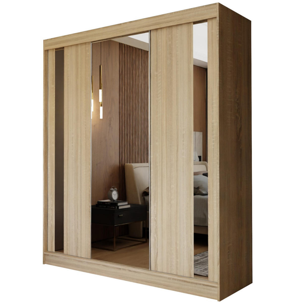 SCHWEBETÜRENSCHRANK GRAZIA 180/216/61 cm 3-türig mit Spiegel Sonoma Eiche - Sonoma Eiche, Holzwerkstoff (180/216/61cm) - MASSENO