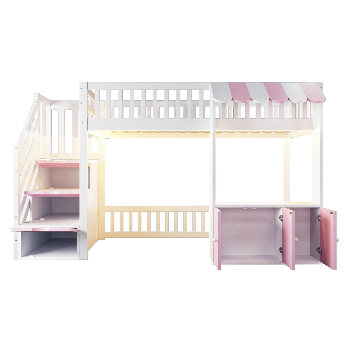 HOCHBETT 90/200 cm Pink/Weiß mit Stauraumtreppe und LED - Rosa, Holz (90/200cm) - MIVRAY