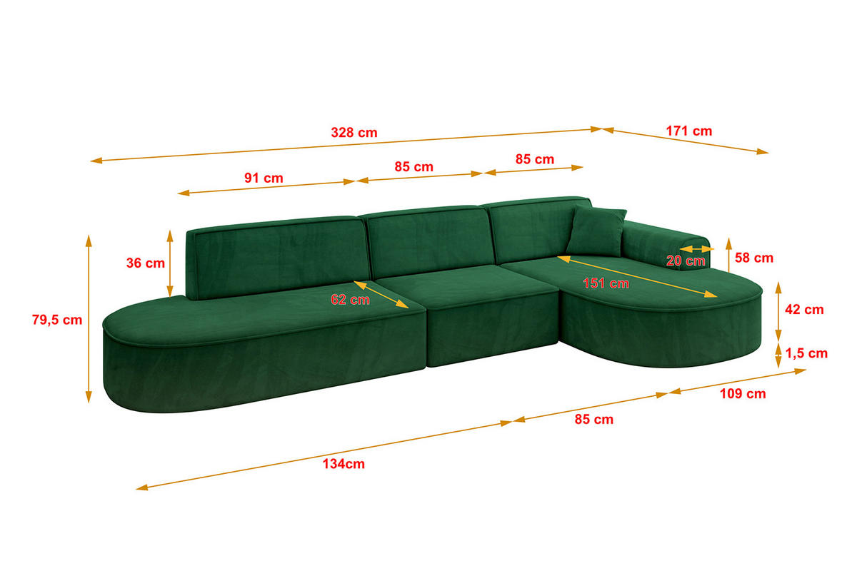 ECKSOFA Ottomane Rechts MARI-L2 - 328x171x79 cm Dunkelgrün Velours - Dunkelgrün/Schwarz, Holzwerkstoff/Kunststoff (171/328cm) - ALTDECOR