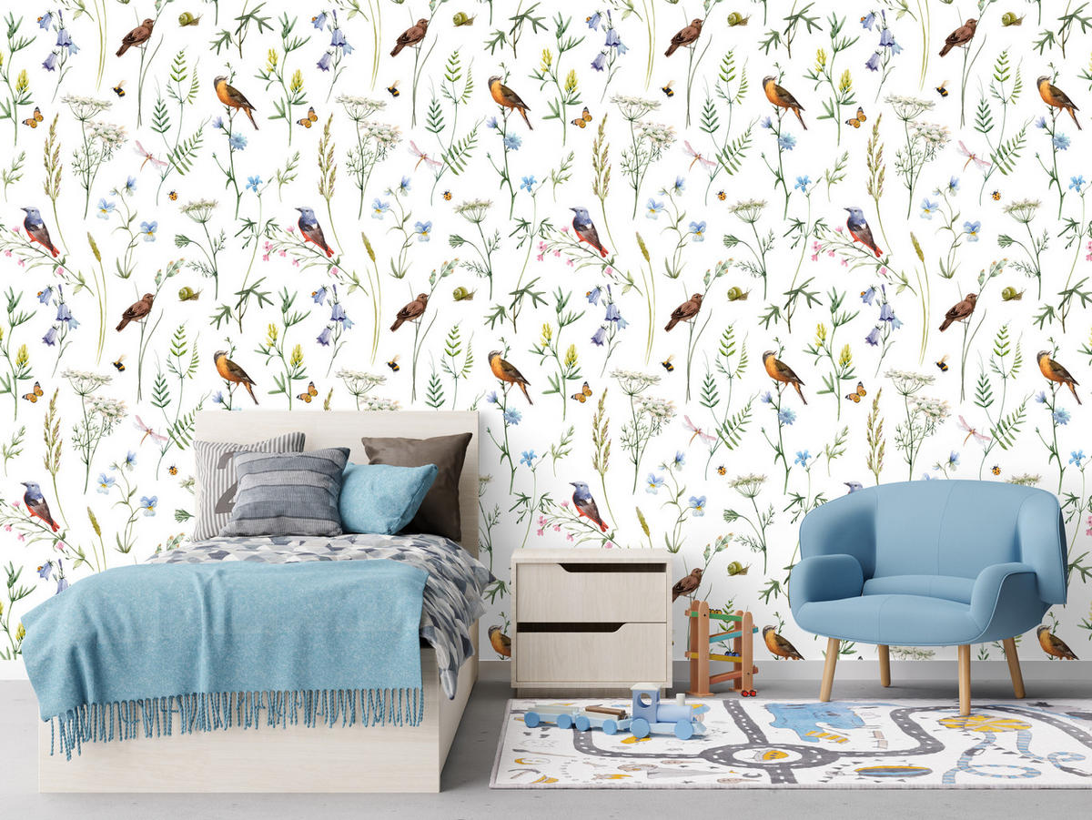 VLIESTAPETE Vögel und Blütenzweige – Grün, Bunt, Weiß – 50x1000 cm - Multicolor/Weiß, Papier (50/1000cm) - Muralo