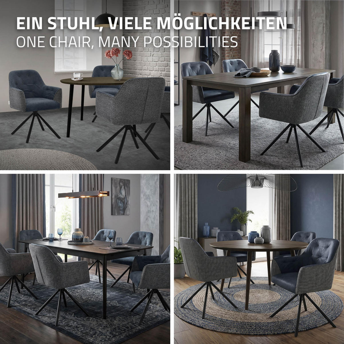 ESSZIMMERSTÜHLE 2er Set drehbar Küchenstühle gepolstert aus Webstoff-Kunstleder Anthrazit - Anthrazit/Schwarz, Textil/Metall (62/81/65cm) - ML-DESIGN