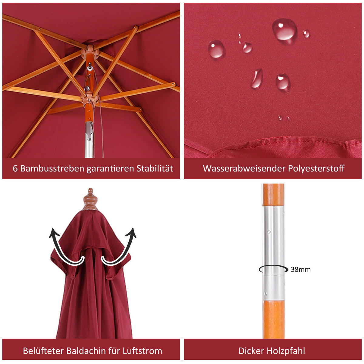 SONNENSCHIRM, Tannenholz, Bambus, Polyester, Weinrot - Weinrot, Holz (150/200cm) - Outsunny