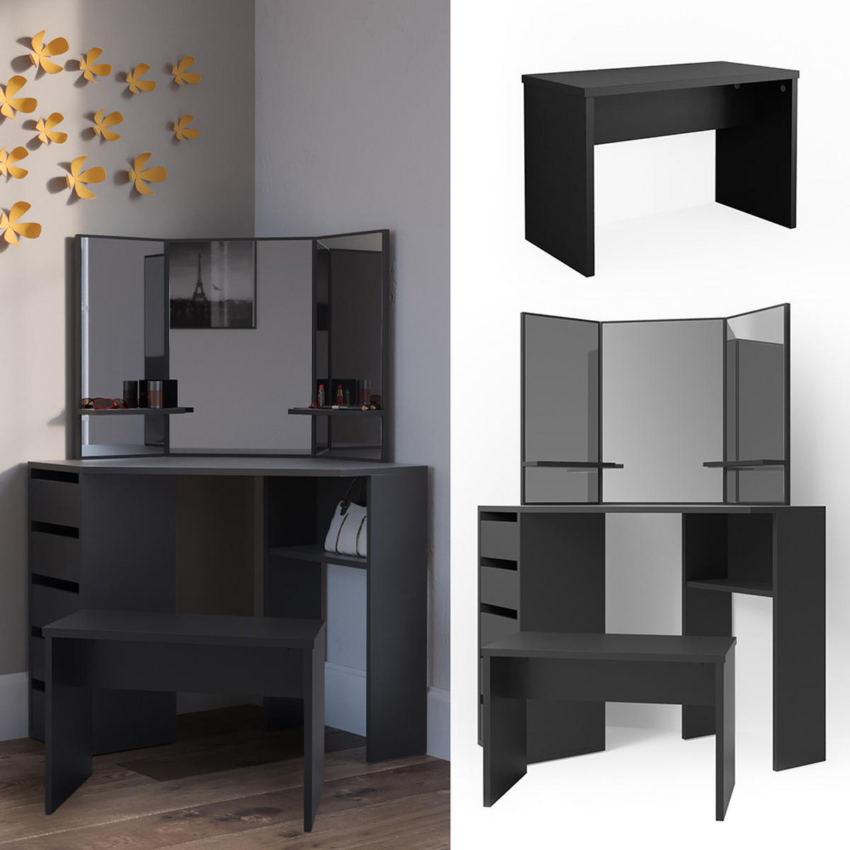 ECKSCHMINKTISCH Arielle Schwarz 110 cm mit Bank - Schwarz, Holzwerkstoff (110/141.5/54cm) - Vicco