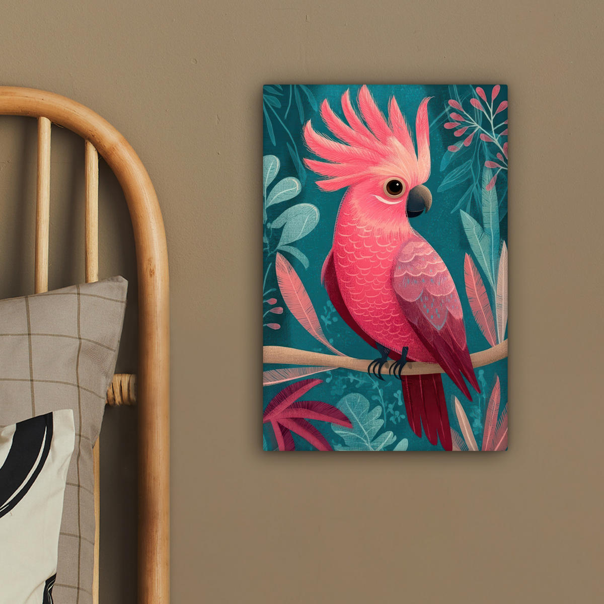 LEINWANDBILD Kakadu - Tropische Blätter - Zweig Deko Wohnzimmer 20x30 cm - Petrol, Textil (20/30cm) - MuchoWow