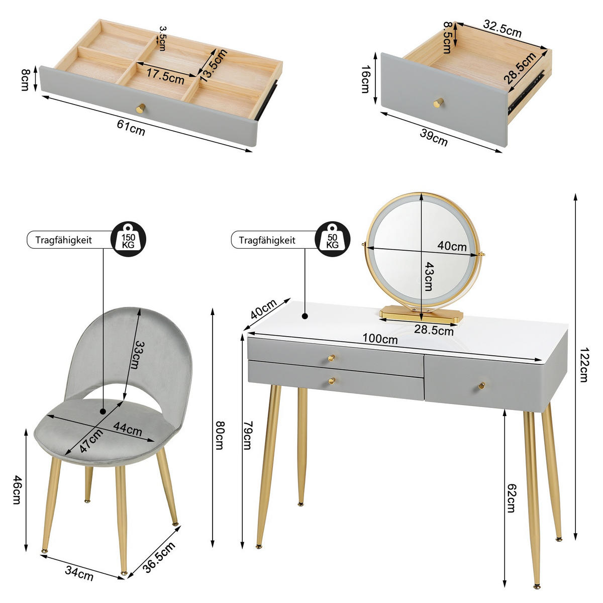 SCHMINKTISCH mit einstellbarer Spiegelleuchte Samthocker Goldbeine - Goldfarben/Grau, Holzwerkstoff/Metall (100/122/40cm) - Woltu