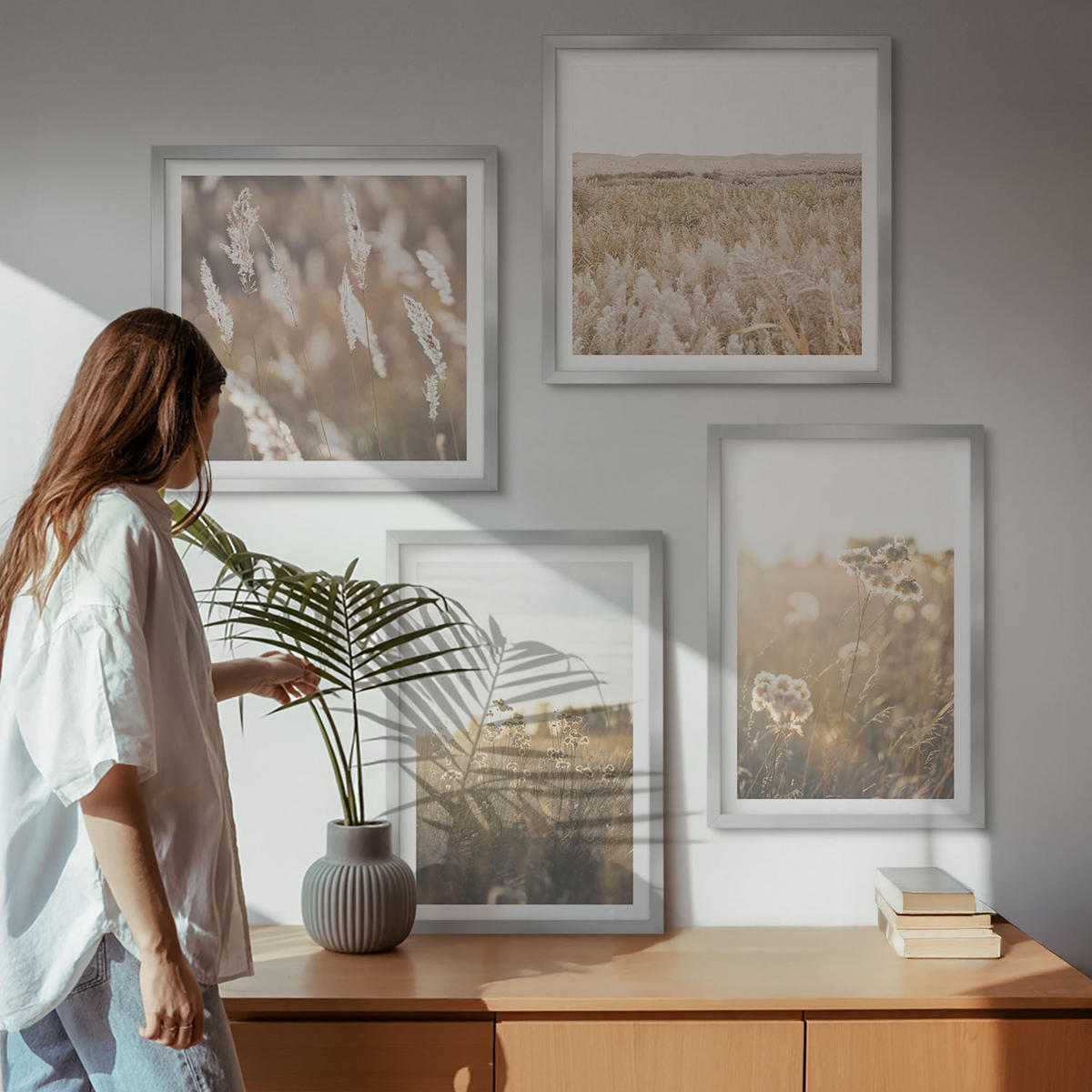 BILDER SET 4er Set - 50x50 cm & 40x60 cm Silberner Rahmen - Landschaftsgrasblumen Wärme - Silberfarben, Kunststoff (50/50cm) - TULUP