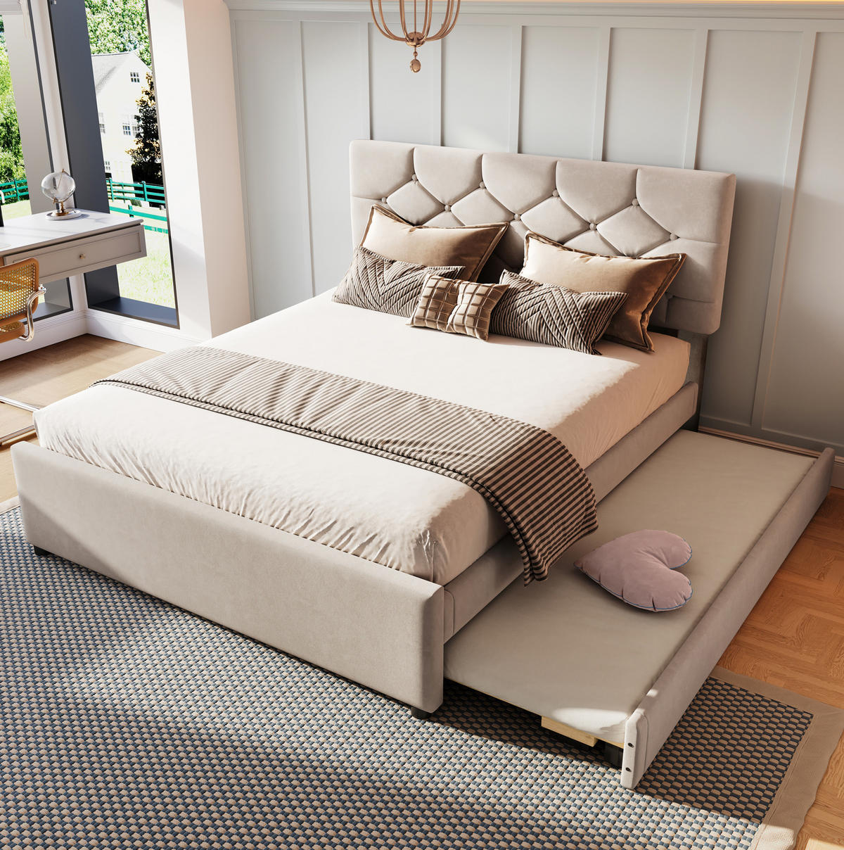 POLSTERBETT mit Rollbett 140x200 cm Samt Beige - Beige, Metall (140/200cm) - Meubliv