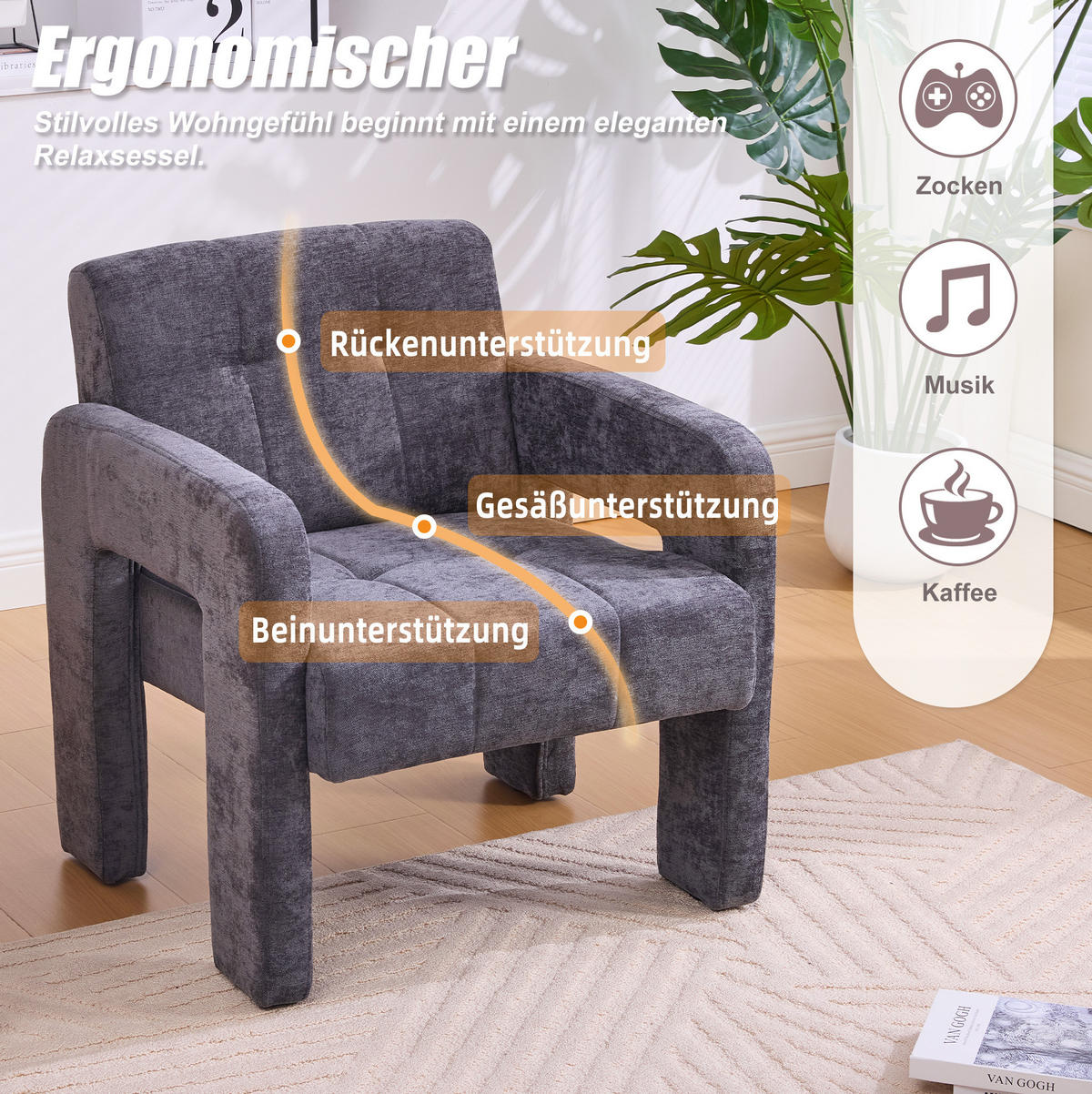 SESSEL 67,5/69/74,5 cm in Grau aus Chenille mit gepolsterter Sitzfläche - Grau, Textil (67.5/74.5/69cm) - BEAOK