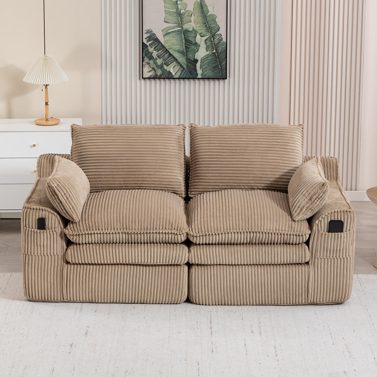 2-SITZER-SOFA aus Cord 191x94x85 cm Khaki mit Seitentaschen, Kissen und Federkern für hohen Sitzkomfort - Beige, Textil (191/85/94cm) - Modfu