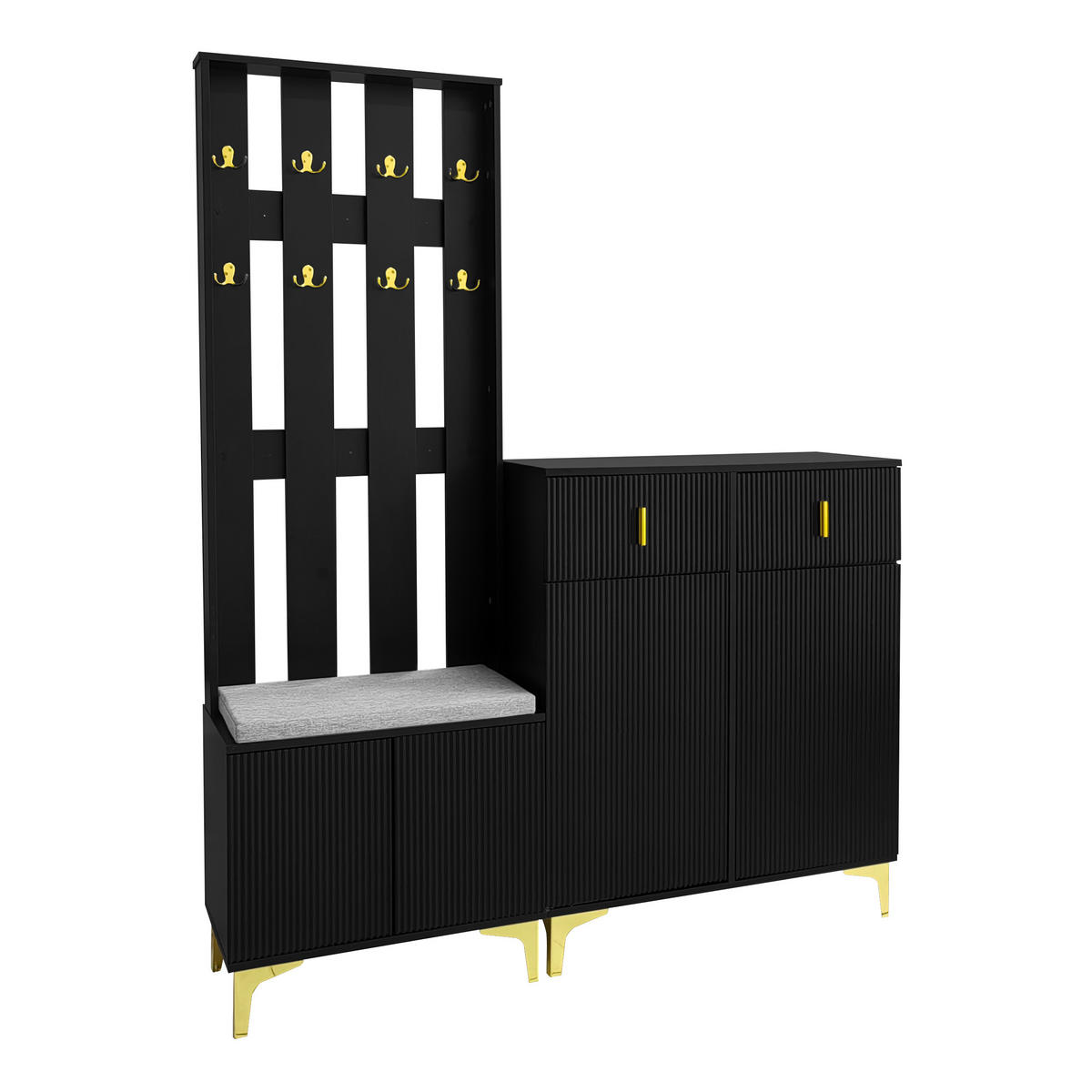 GARDEROBE mit offener Hakenleiste und geschlossenem Stauraum mit wellenförmiger Frontgestaltung - Goldfarben/Schwarz, Holzwerkstoff/Metall (60.5/180.5/35.2cm) - EVRYAE