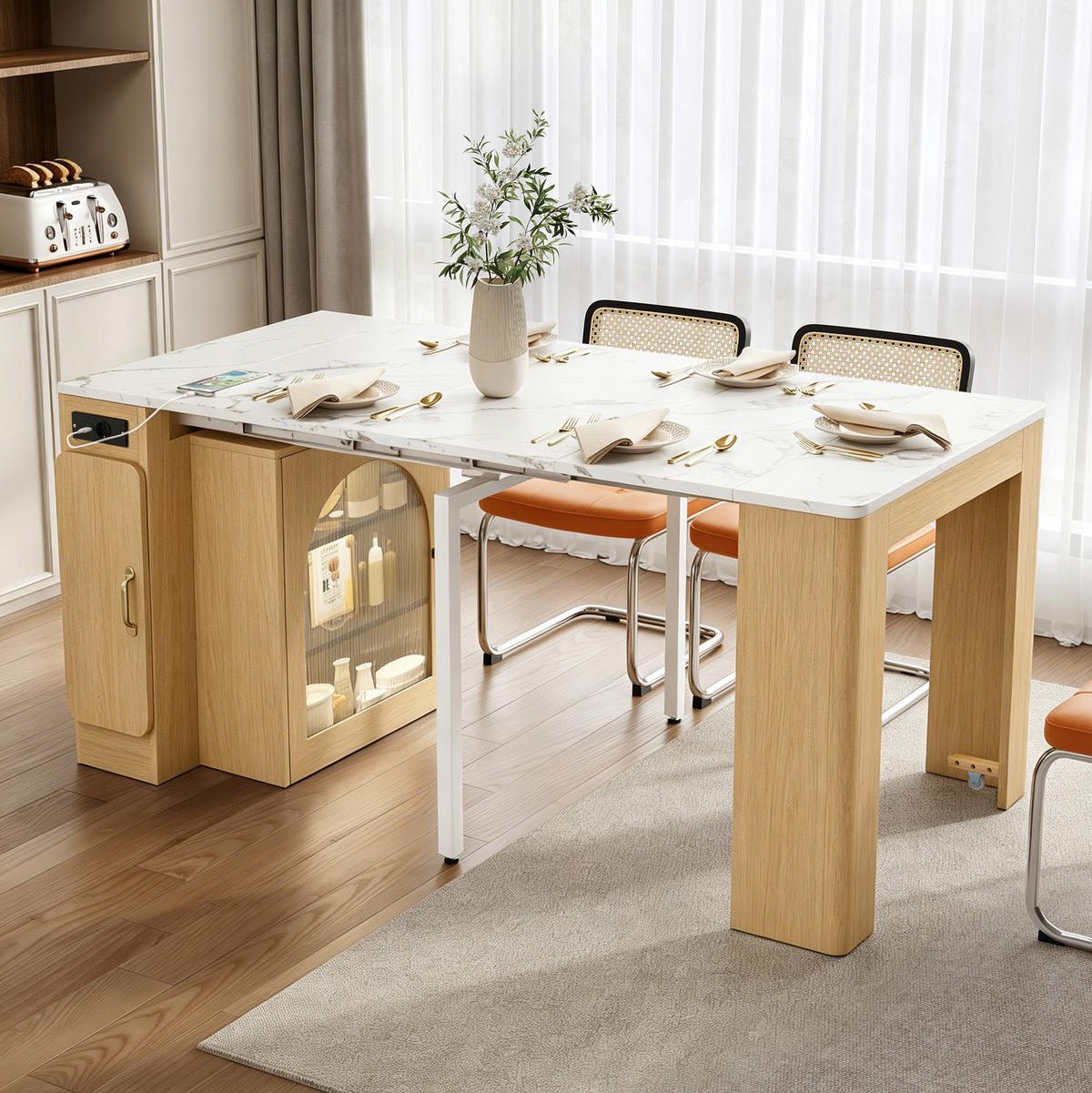 KÜCHENINSEL 83/39,6-149,6/77 cm mit Rollen, LED und Steckdose - Naturfarben, Holzwerkstoff (83/77/39.6cm) - BEAOK