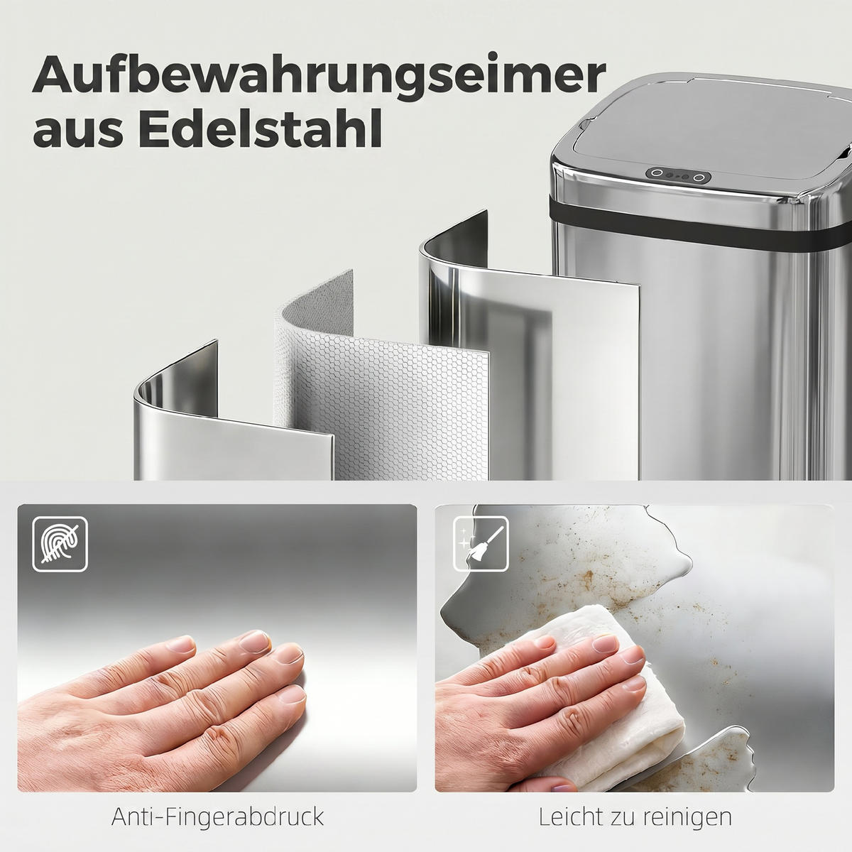 AUTOMATIK Mülleimer Abfalleimer mit Sensor Küche Edelstahl viereckig 50L - Silberfarben, Metall (25/84/33cm) - HOMCOM