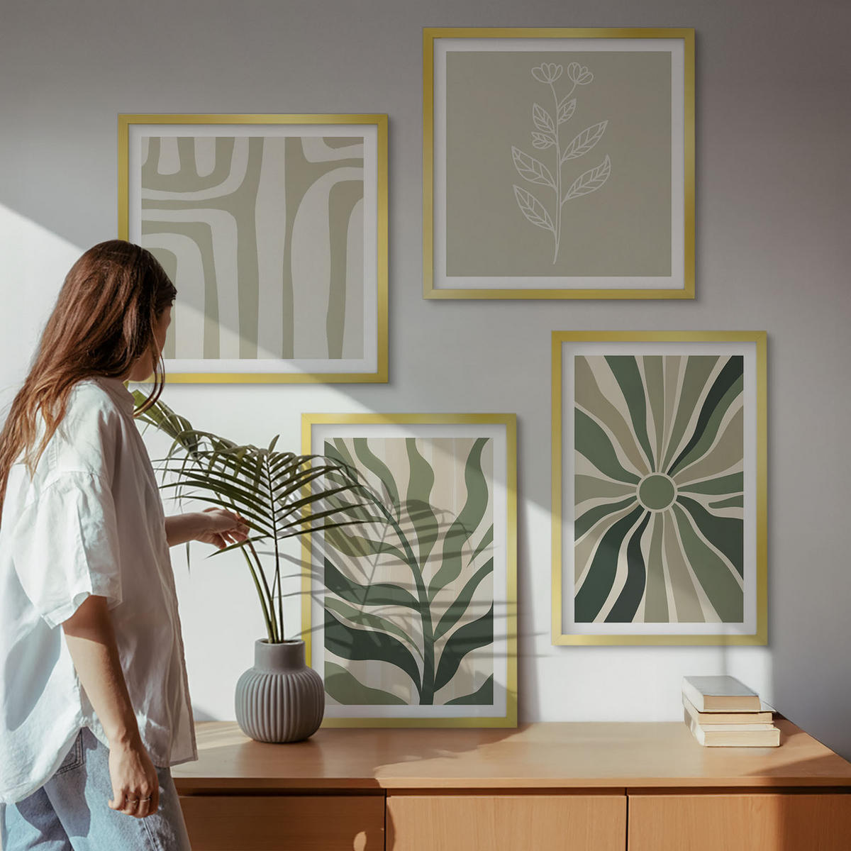 BILDER SET 4er Set - 50x50 cm & 40x60 cm Goldrahmen - Pflanzenmuster grüner Minimalismus - Goldfarben, Kunststoff (50/50cm) - TULUP