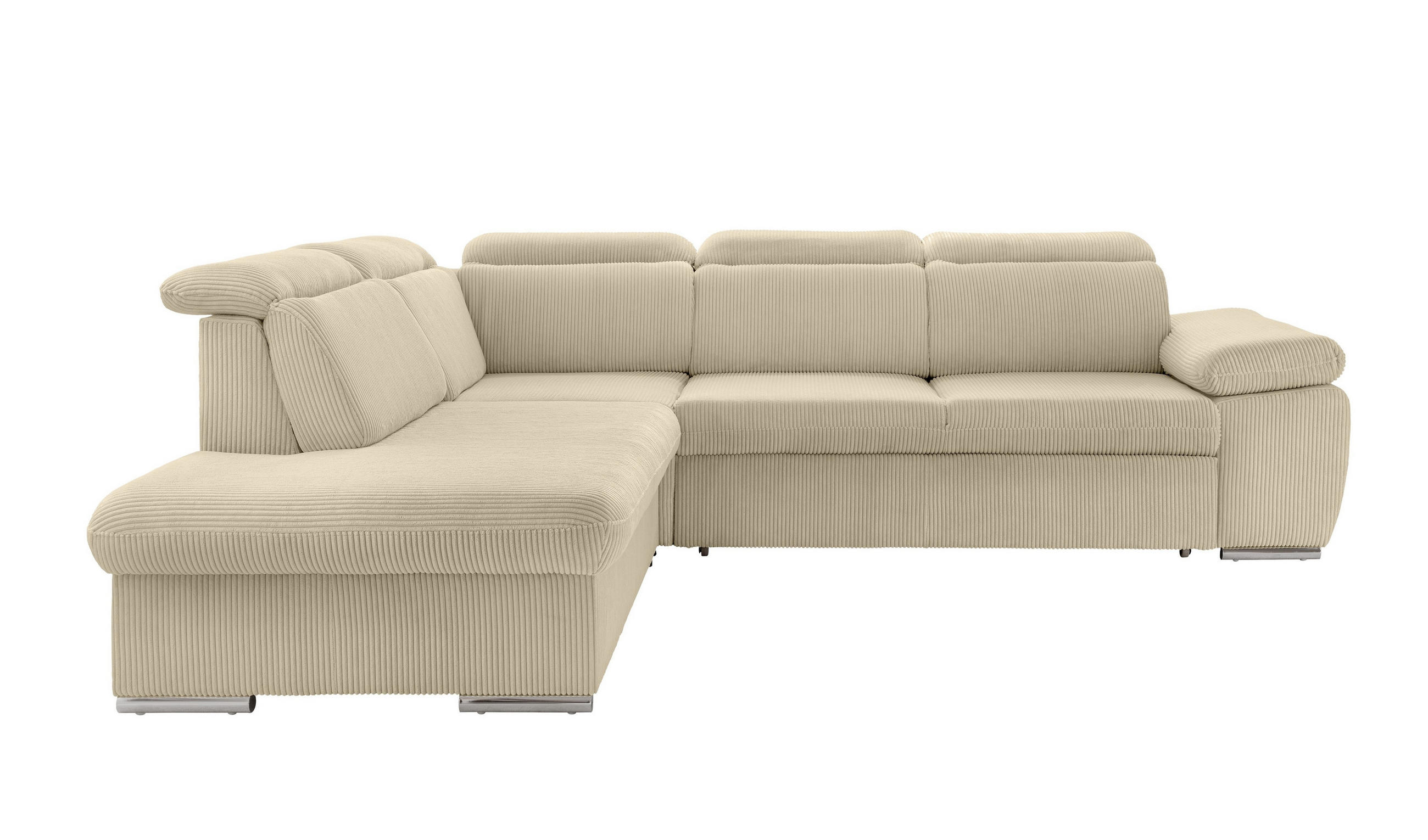 ECKSOFA mit Schlaffunktion, Bettkasten, Kopfstützen verstellbar, Wellenunterfederung, Ottomane links B283/T228/H102 cm, Cord Beige Grau / 17218 - Chromfarben/Greige, Textil/Metall (283/228cm) - luma-home