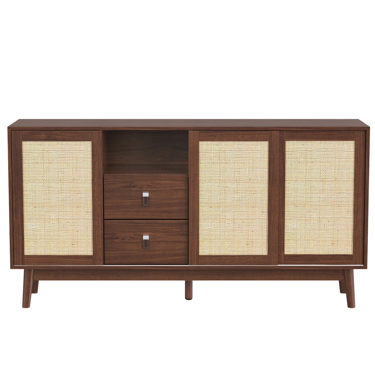 SIDEBOARD aus MDF und Spanplatte 155x38x80 cm Dunkles Holz mit Rattan-Schiebetüren und 2 Schubladen - Walnussfarben, Holzwerkstoff (155/80/38cm) - IVMEU