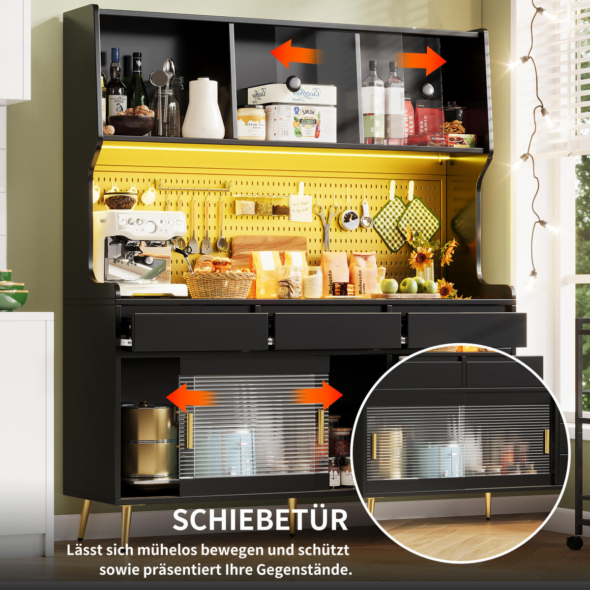 BUFFETSCHRANK 145/39/171 cm mit LED-Beleuchtung, App-Steuerung, Schiebetüren und geriffelter Glasfront, Schwarz - Schwarz, Holzwerkstoff (145/171/39cm) - Redom