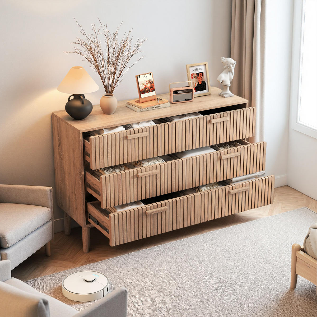 BYRÅ, naturfärgad, 6 lådor, trälook - Naturfärgad, Träbaserade material (34/73/100cm) - SHOPENTRA