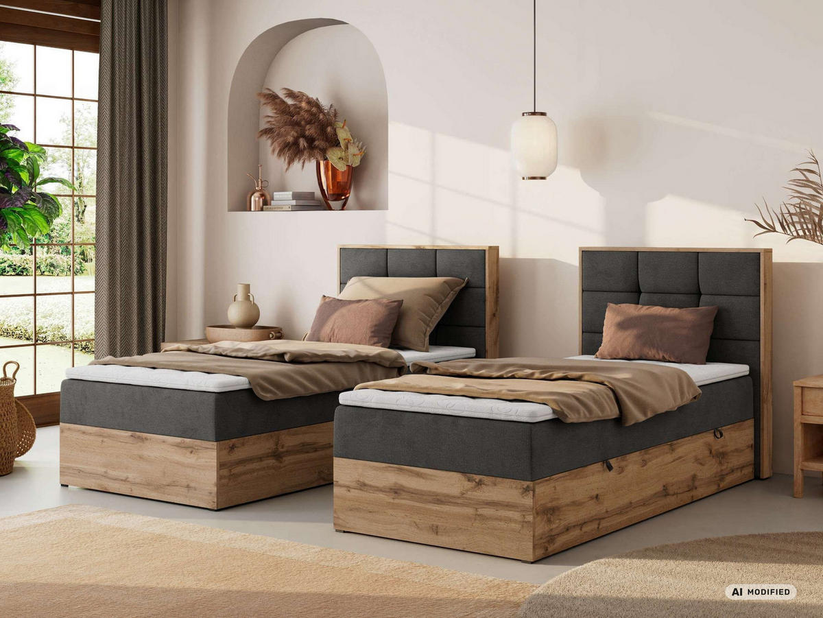 BOXBETT ALBERO 1 90/200 - Dunkelgrau Velvet - Topper T25 - H4 - Rechts - Dunkelgrau/Schwarz, Kunststoff/Textil (90/200cm) - MKS