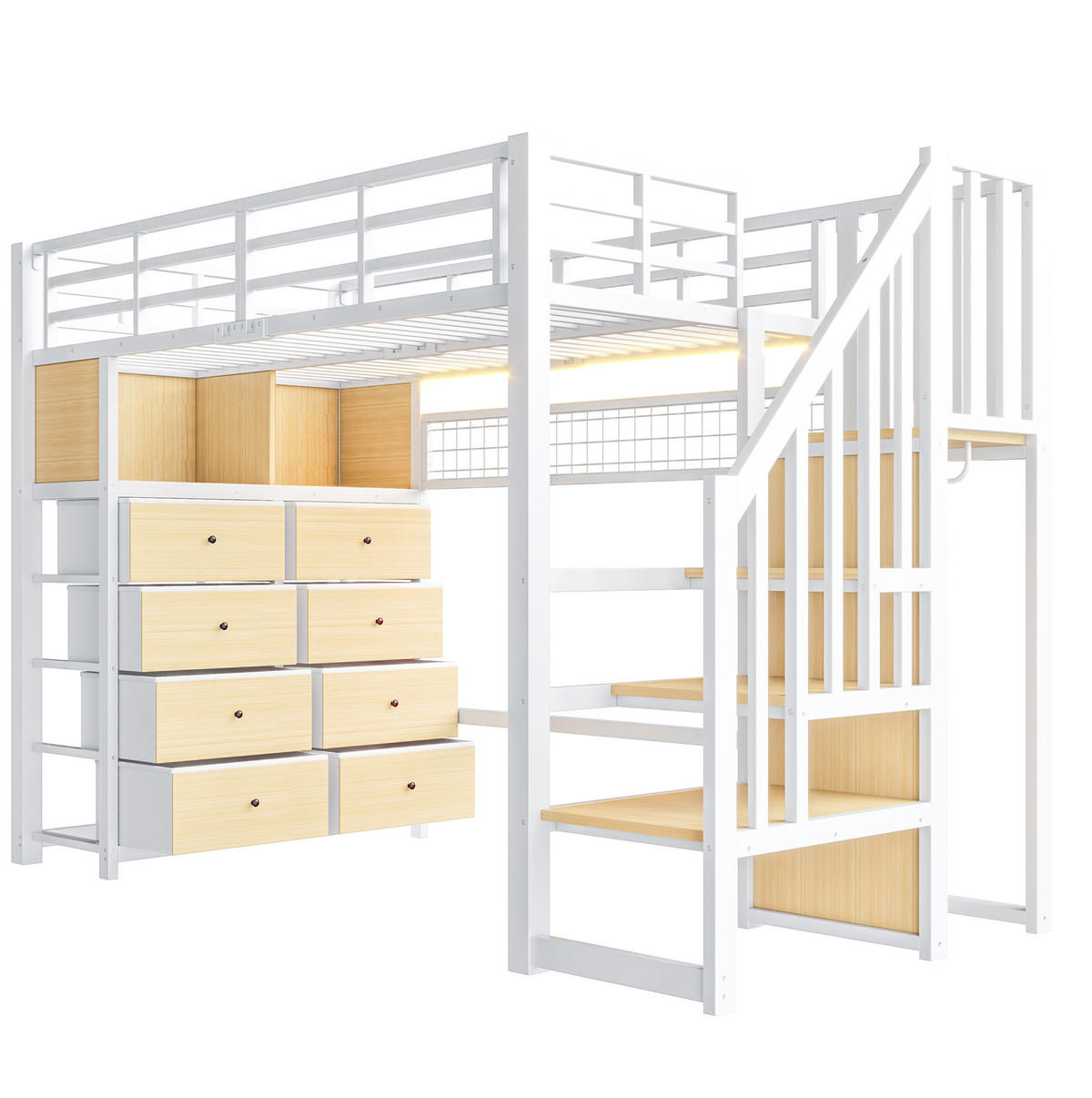 HOCHBETT MDF Metall 90x200 cm Weiß mit Stauraumtreppe, LED und 8 Schubladen - Weiß, Holzwerkstoff (90/200cm) - Modfu