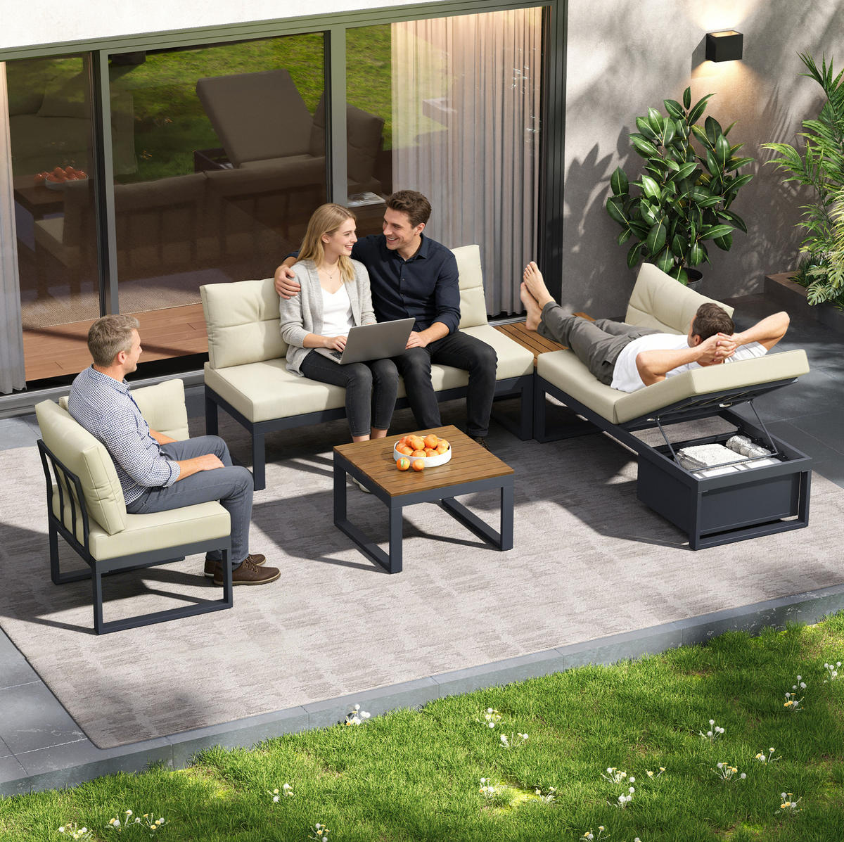 LOUNGEGARNITUR 191,5/79/191,5 cm Beige aus Polyester mit Stauraum und 3-stufiger Verstellung - Beige, Textil - OKMYHOME