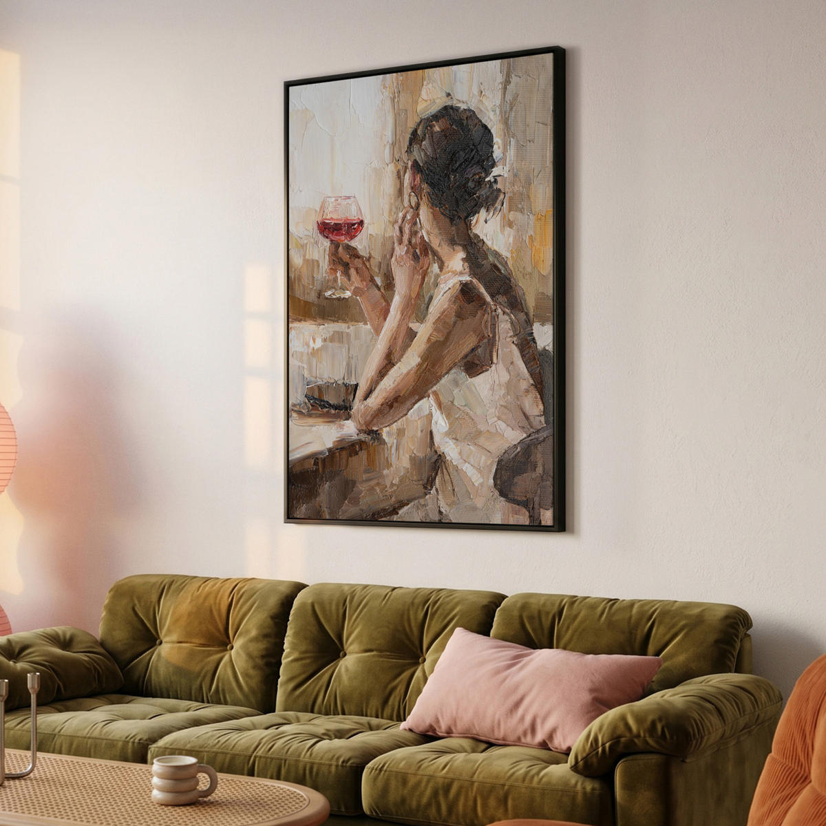 LEINWAND Bilder mit Rahmen - Ölgemälde - Frau - Wein - 100x150 - Hellbraun, Textil (100/150cm) - MuchoWow