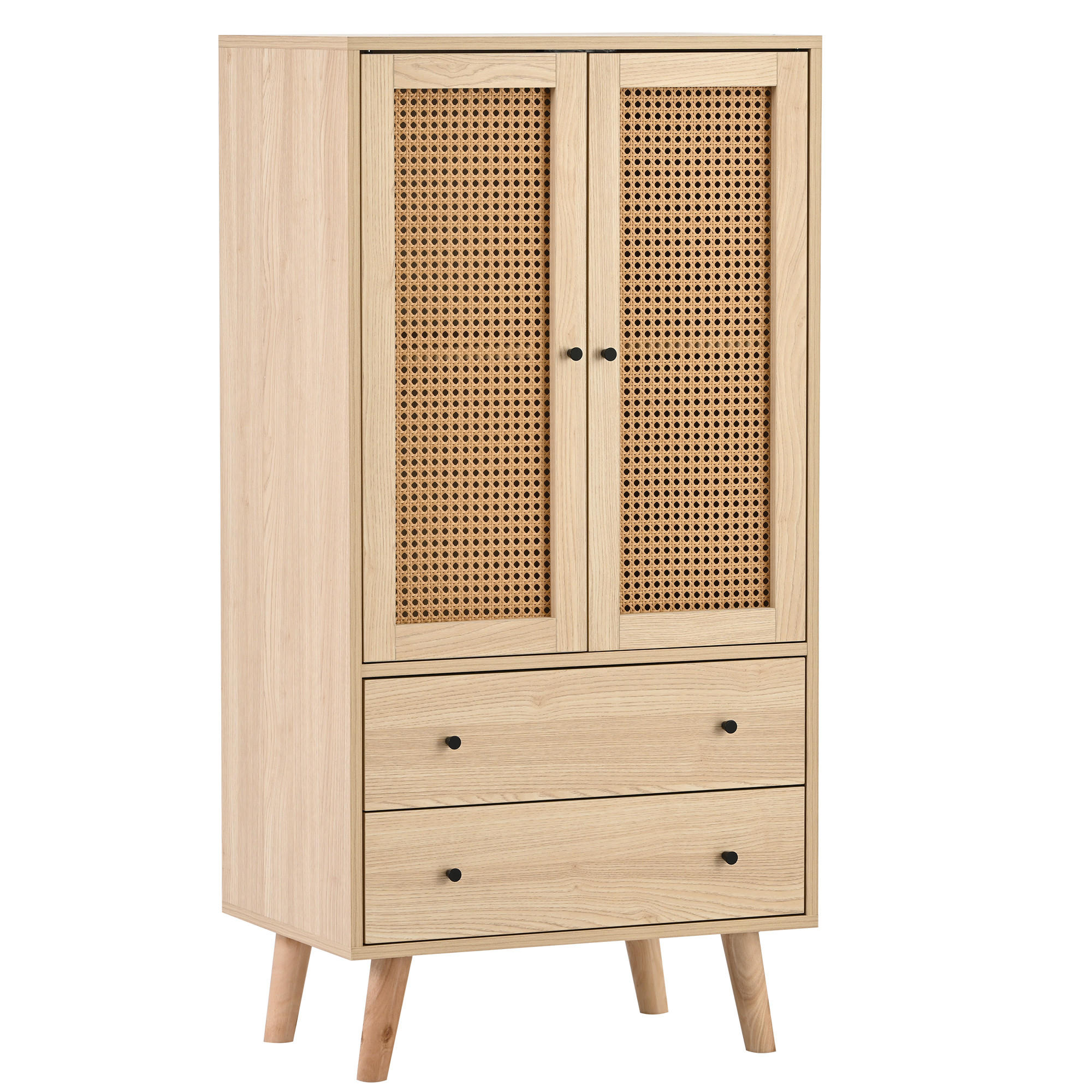 HIGHBOARD mit Rattantüren und 2 Schubladen in Eicheoptik - Eichefarben, Holzwerkstoff (60/120/40cm) - Urban Meuble