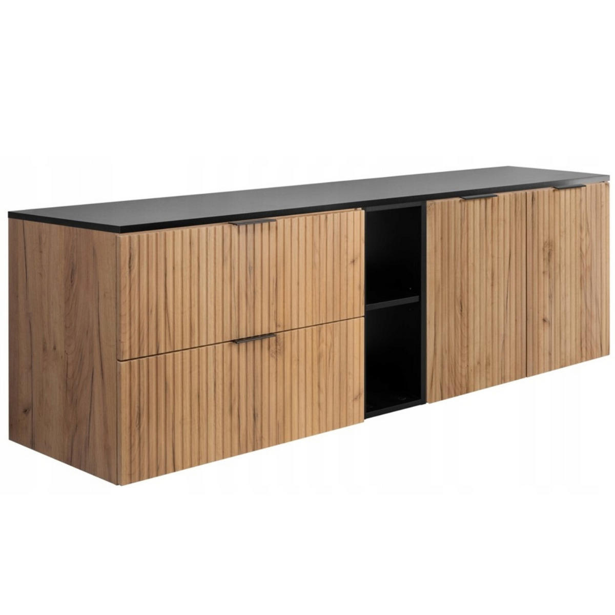 WASCHBECKUNTERSCHRANK FLOW mit Regal + Platte Schwarz matt 140/57/46 cm - Schwarz, Holzwerkstoff (140/57/46cm) - Rodan