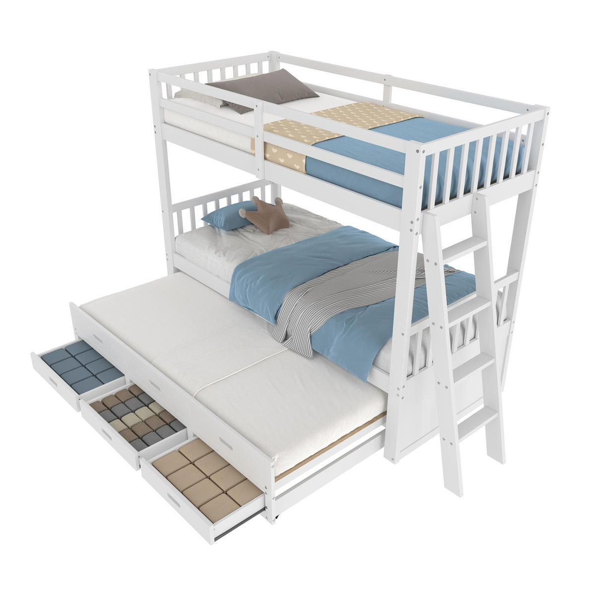 ETAGENBETT 90/200 cm aus Kiefern und MDF mit Ausziehbett und 3 Schubladen, Weiß - Weiß, Holzwerkstoff (90/200cm) - Redom