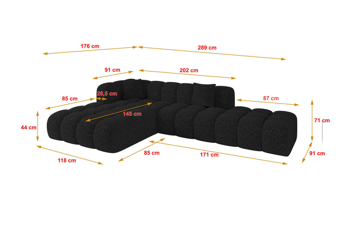 ECKSOFA Ottomane Links OLEA-L2 - 289x176x71 cm Schwarz - Schwarz, Holzwerkstoff/Kunststoff (289/176cm)