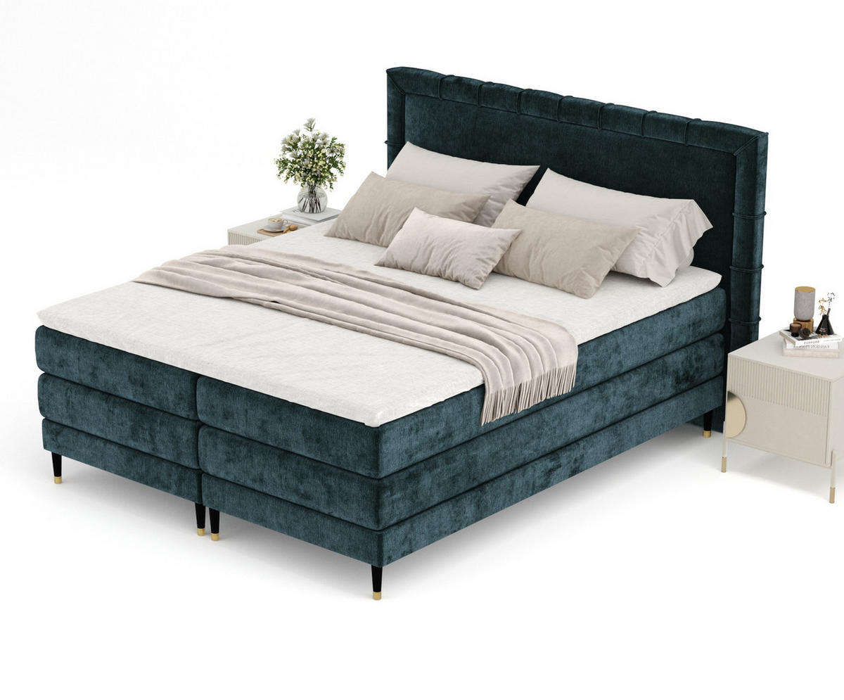 BOXSPRINGBETT Rimini Dunkelgrün 200/200 cm mit Matratze und Topper - Dunkelgrün/Schwarz, Holz/Holzwerkstoff (200/200cm) - Maison de Reve