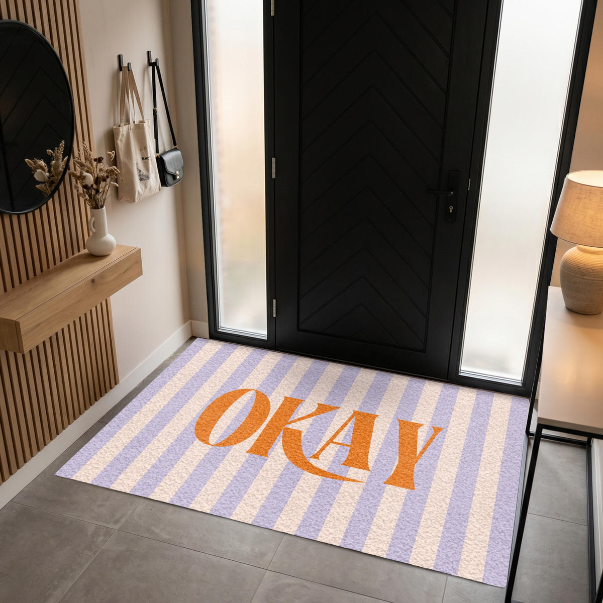 FUSSMATTE Lila – Orange – Streifen – Okay 180x120 cm - Flieder, Kunststoff (180/0.4cm) - MuchoWow