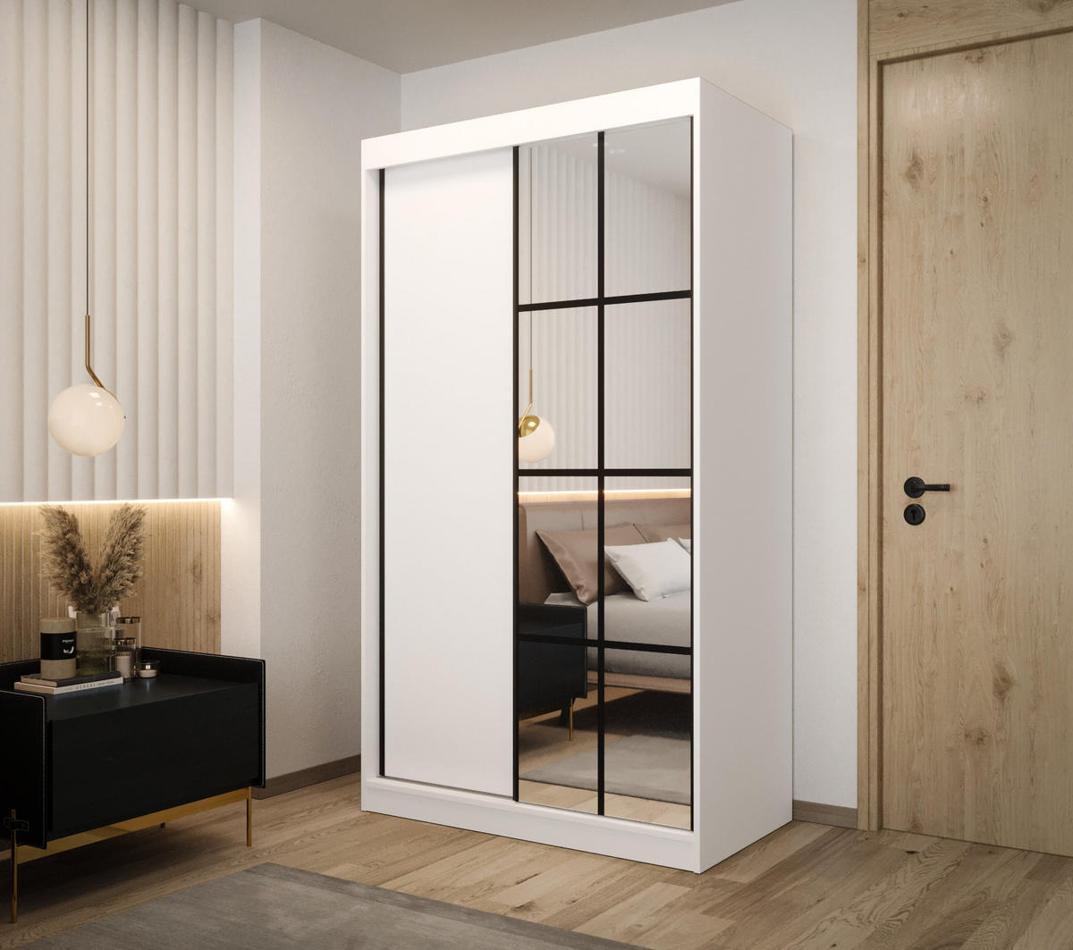 SCHIEBETÜRENSCHRANK MODENA 2 120, 2-türig Kleiderschrank mit 1 Spiegel, Moderne Garderobe, Schrank in Größe: 120 x 216 x 65 cm - Schwarz/Weiß, Holzwerkstoff (120/216/65cm) - O-Sofa