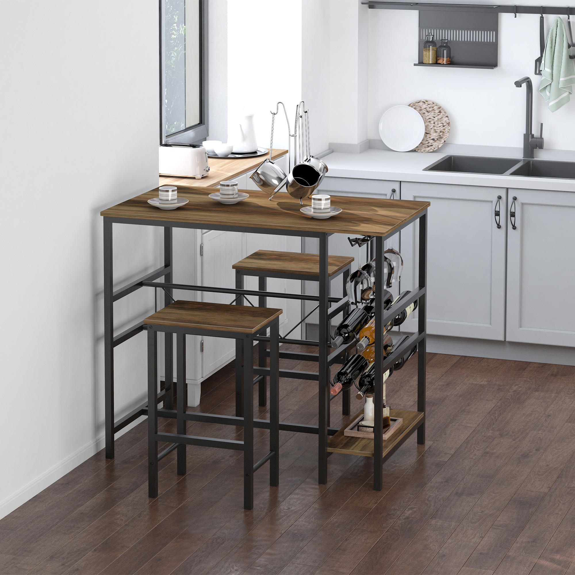 BARTISCH-SET, Spanplatte, Natur+Schwarz - Naturfarben, Kunststoff (60/95/108cm) - HOMCOM