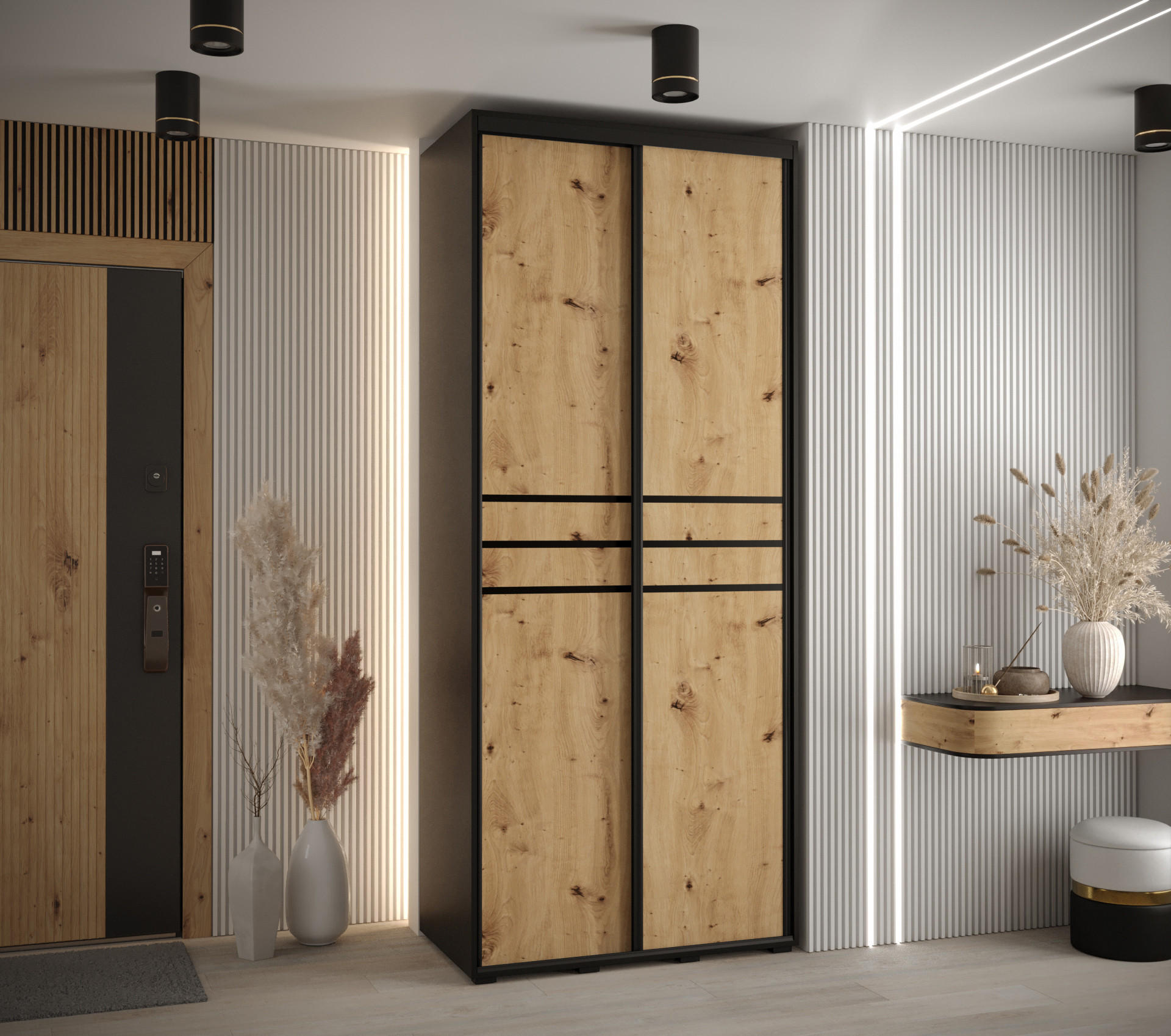 SCHWEBETÜRENSCHRANK 235,2/100/60 2-türig - Schwarz/Eiche Artisan, Holz/Metall (100/235/60cm) - Abiks Möbel
