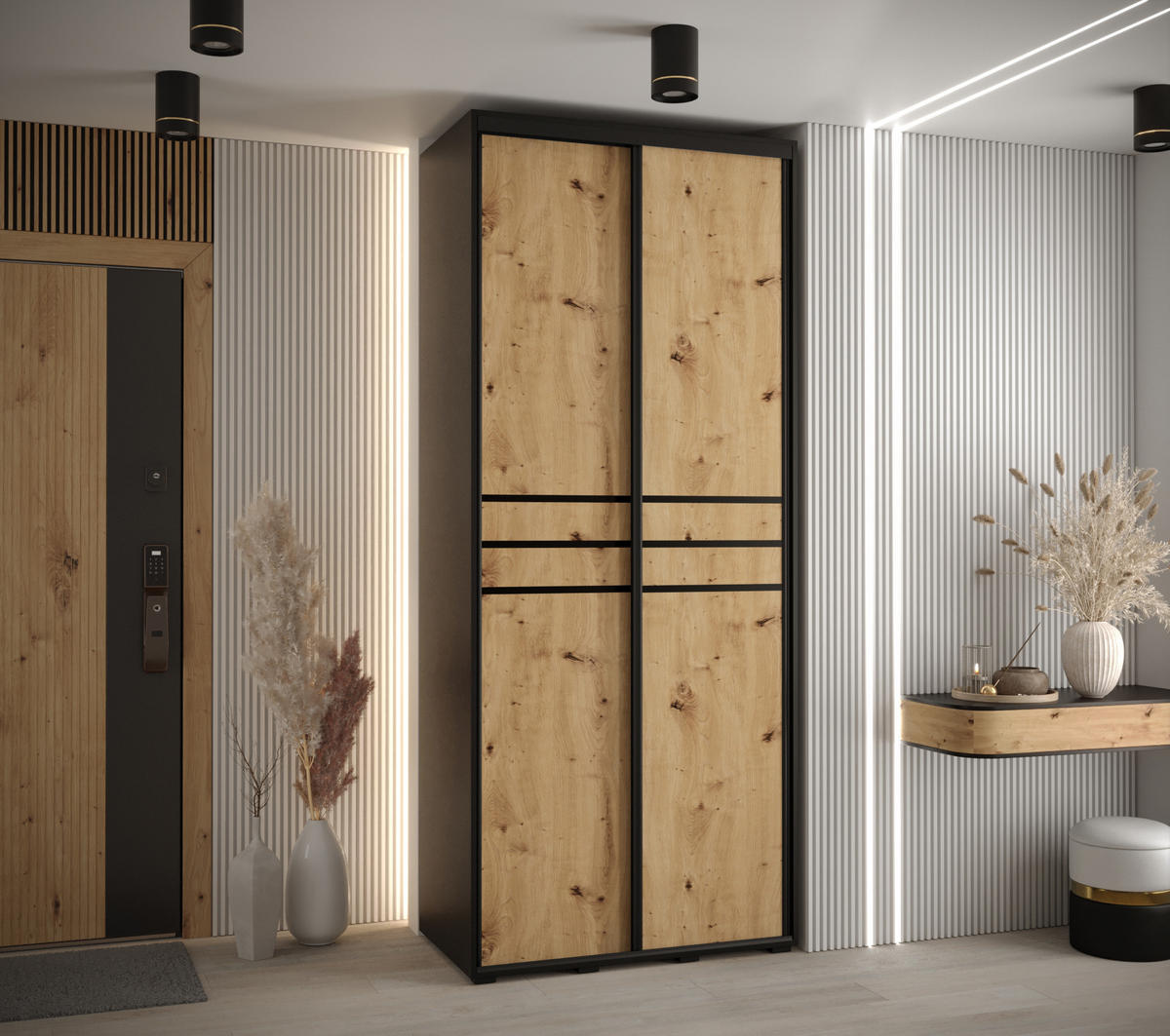 SCHWEBETÜRENSCHRANK 235,2/120/45 2-türig - Schwarz/Eiche Artisan, Holz/Metall (120/235/45cm) - Abiks Möbel