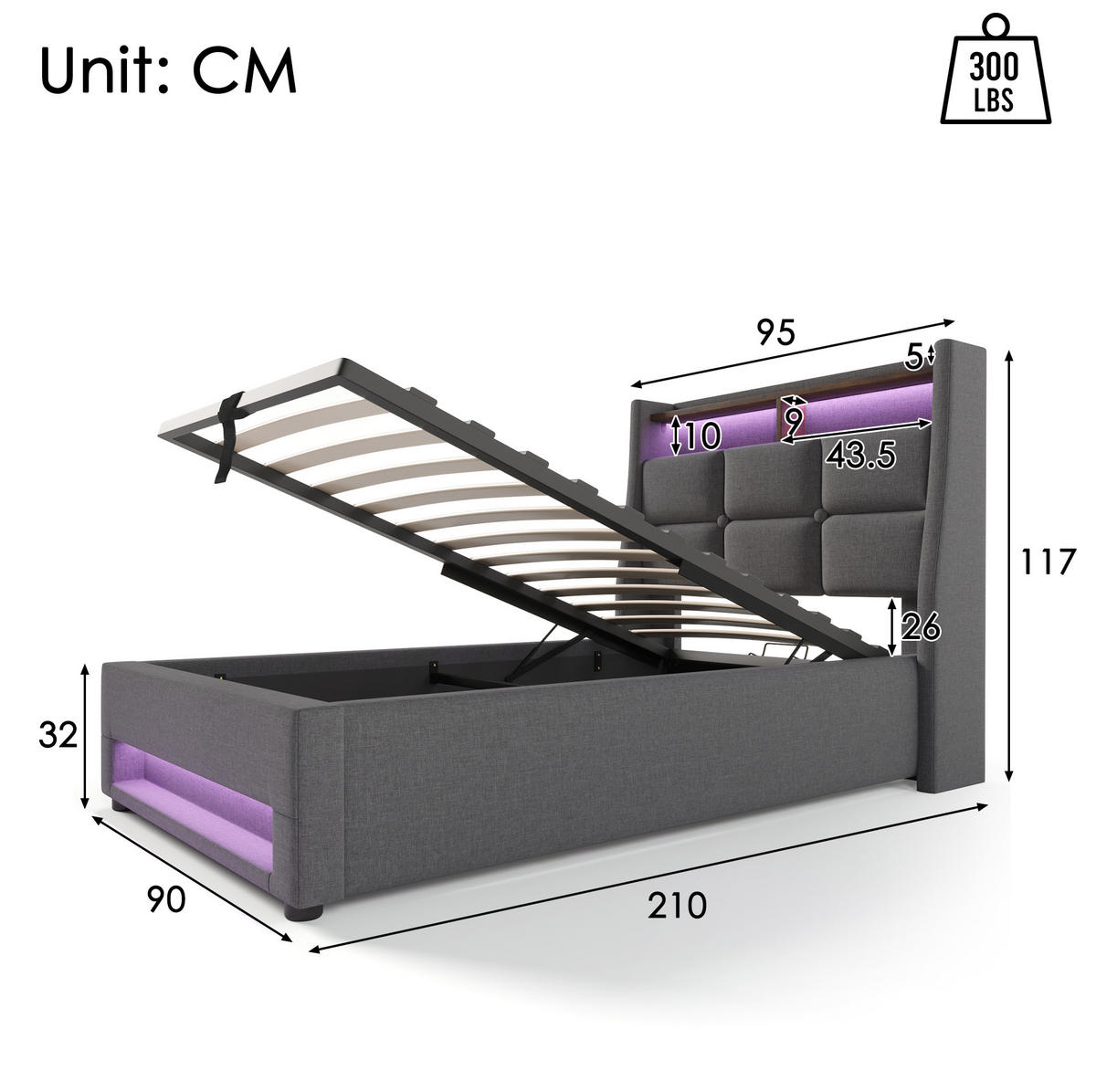 POLSTERBETT aus Leinen 90x200 cm Grau mit LED-Beleuchtung, USB-Anschluss und Bettkasten - Grau, Textil (90/200cm) - IVMEU