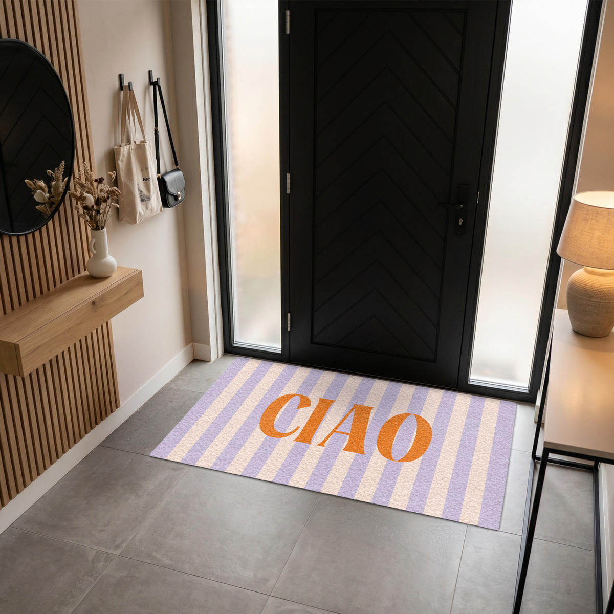 FUSSMATTE Ciao - Zitat - Pastell - Streifen Schmutzfangmatte 150x90 cm - Flieder, Kunststoff (150/90cm) - MuchoWow