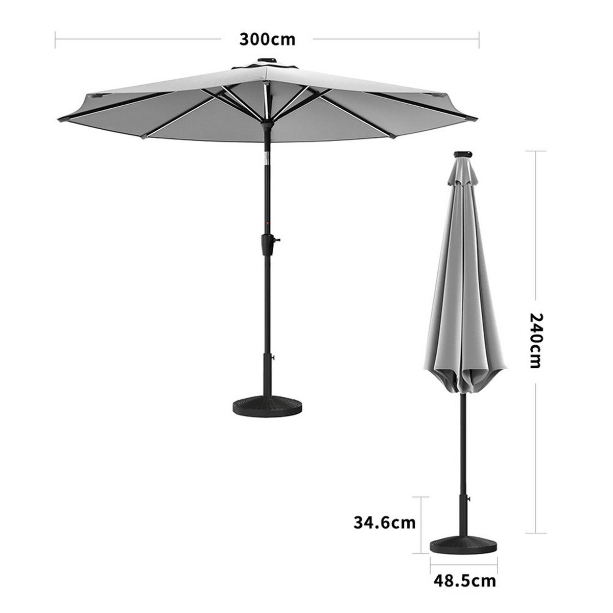 SONNENSCHIRM aus Polyester Metall in Hellgrau mit Resin-Sockel drehbar 360° neigbar 60° 3 x 2.4m Ø49 × 32 cm - Grau, Metall (300/240cm) - Livingandhome