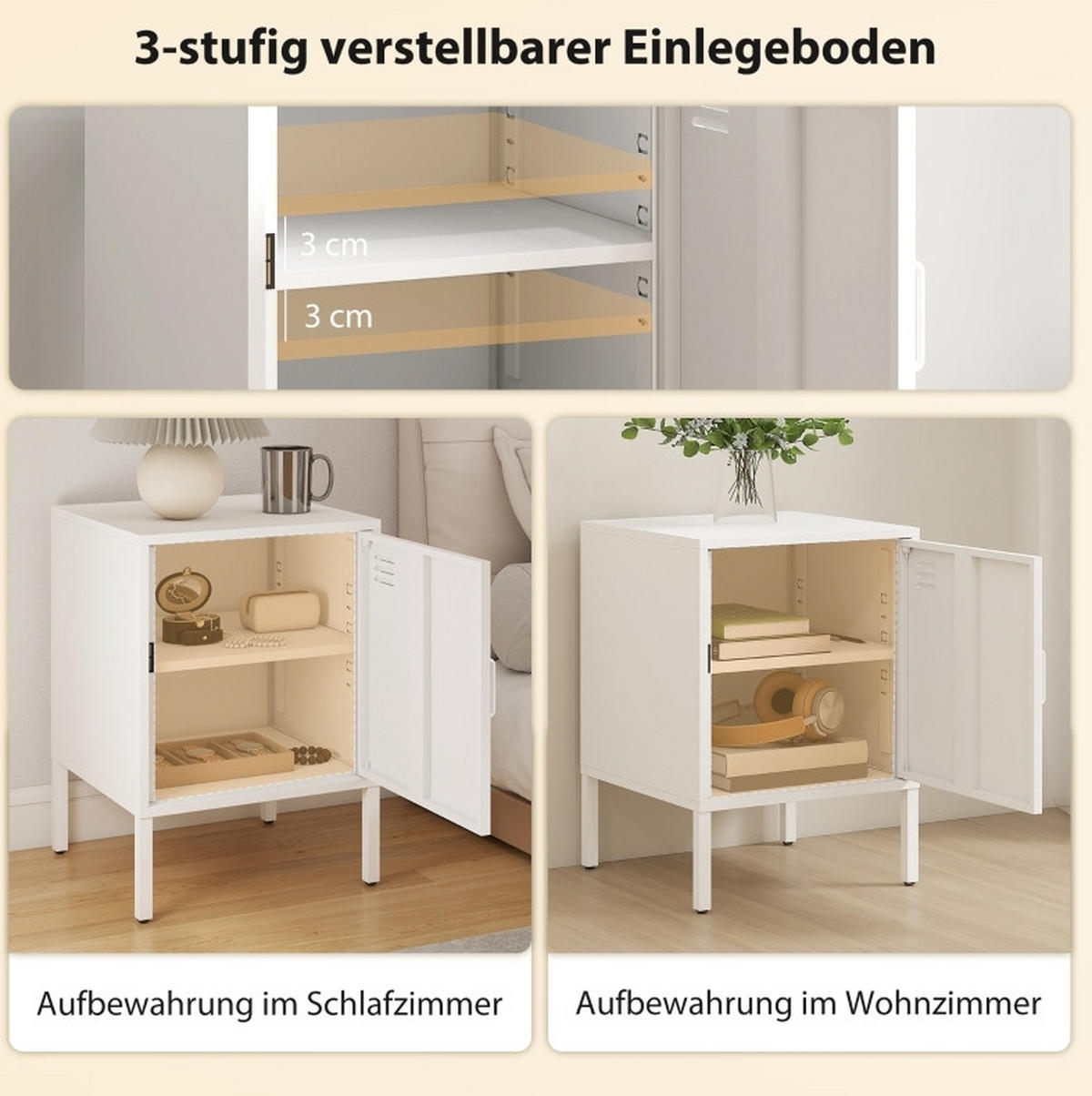 NACHTTISCH 40/56/40 cm Weiß aus Stahl mit verstellbarem Regal - Weiß, Metall (40/56/40cm) - OKMYHOME