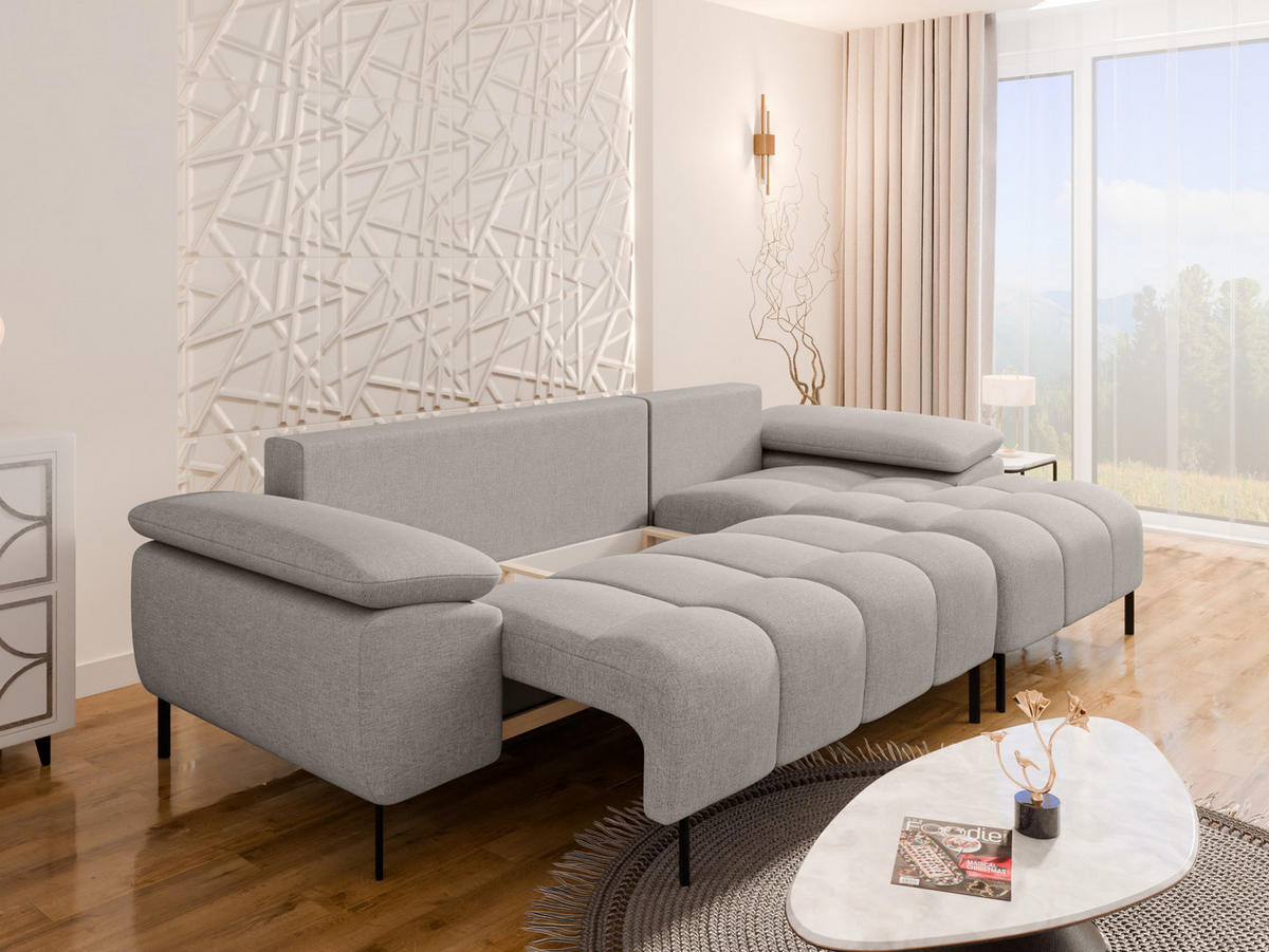 ECKSCHLAFSOFA 4-Sitzer DOLUS – Modernes Ecksofa mit Schlaffunktion Rechts montierbar, Hellgrau - Hellgrau, Holz (141/277cm) - Panda Möbel