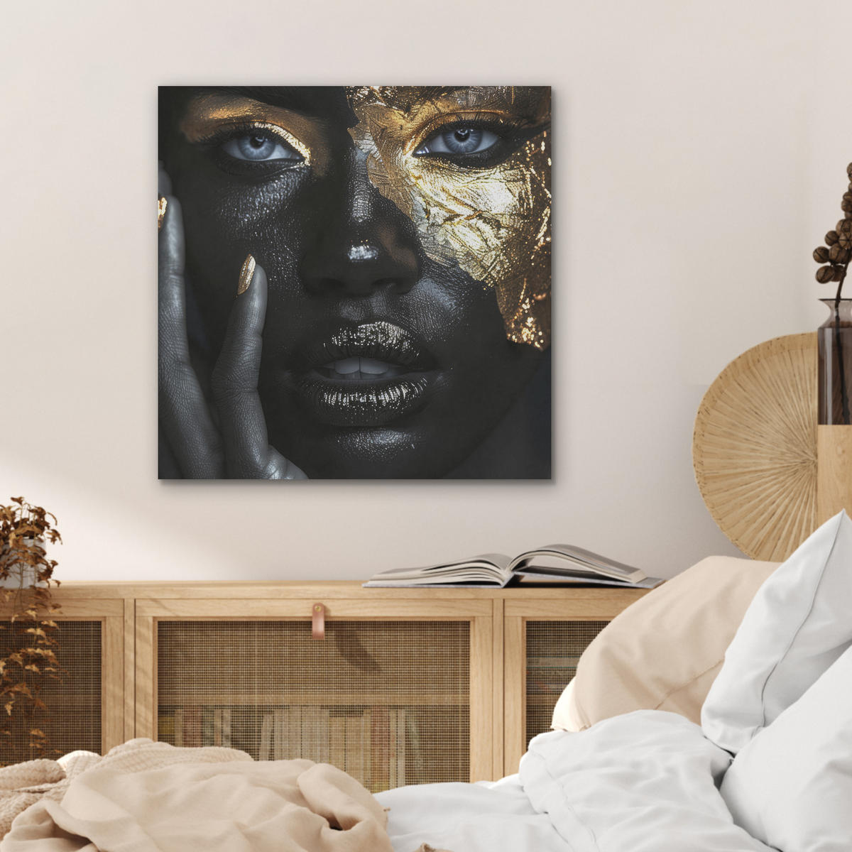 AKUSTIKBILD Frau - Gold - Porträt - Schwarz-Weiß - Luxus Wandbilder 60x60 cm - Hellblau, Kunststoff (60/60/0.9cm) - MuchoWow