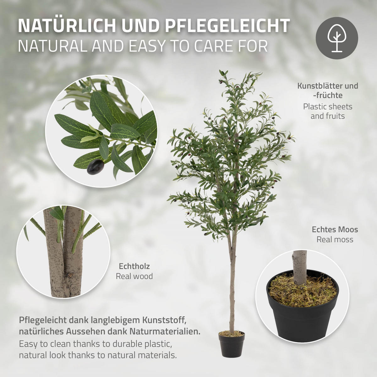 KUNSTPFLANZE Olive - Anthrazit/Grün, Holz/Kunststoff (180cm) - ML-DESIGN