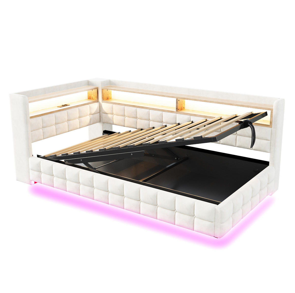 POLSTERBETT 90/200 cm in Beige mit Stauraum, LED-Beleuchtung und USB/Type-C - Beige, Textil (90/200cm) - Flora Grace