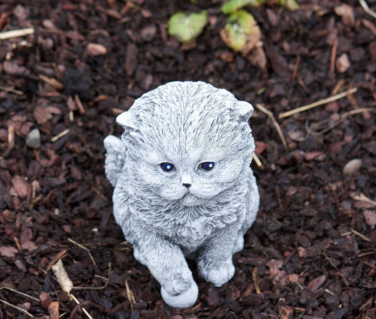 STEINFIGUR Perser Langhaar Katze Kitten mit Spielzeug, Steinguss, Frostfest - Grau, Stein (11/16/11cm) - stoneandstyle