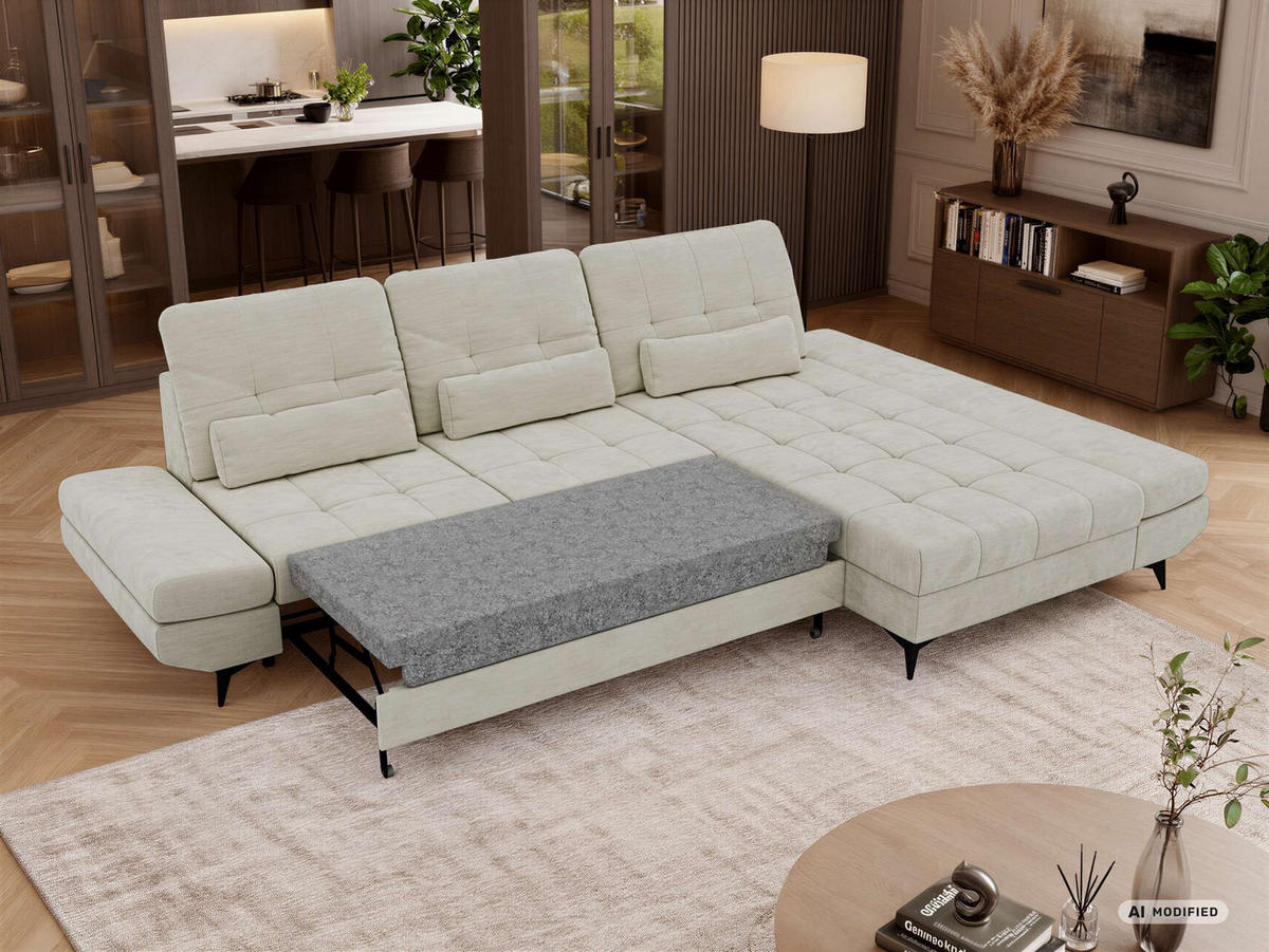ECKSOFA ALVENO L - Creme Schenille glatt - Rechts Seite - Creme/Schwarz, Textil/Metall (344/218cm) - MKS