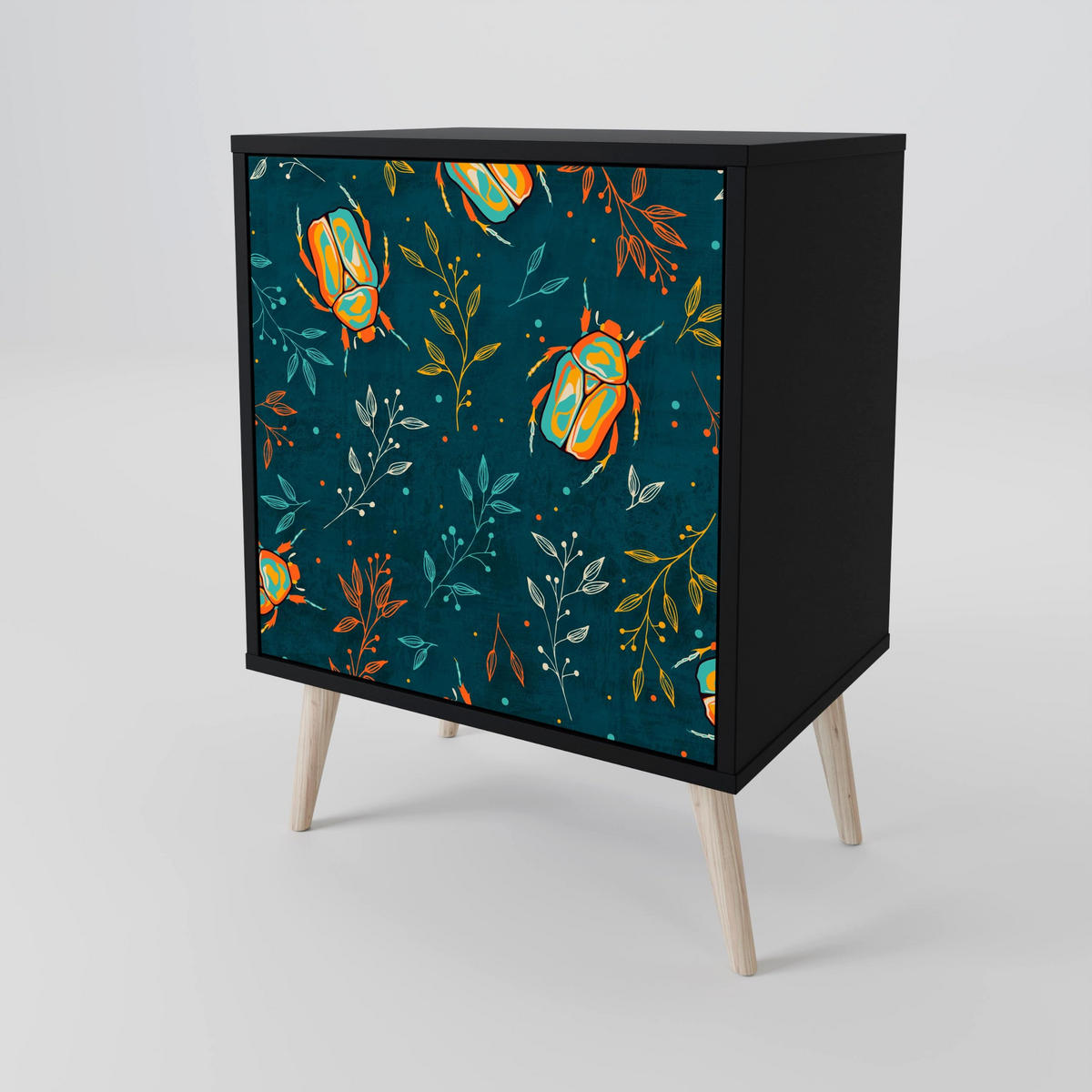 SIDEBOARD AUTUMN INSECTS, Schwarz, 57,5x42x70,5 cm, Schwarze Metall-Sternfüße - Multicolor/Schwarz, Holzwerkstoff/Metall (57.5/70.5/42cm) - SpaceRebels