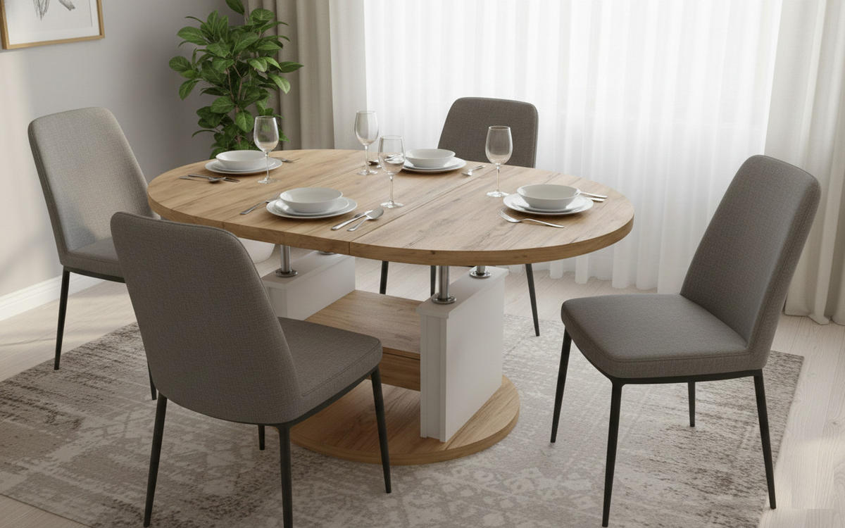 COUCHTISCH rund ausziehbar höhenverstellbar Schubalde 100/100/60 cm - Eichefarben/Weiß, Holzwerkstoff (100/100/60cm) - designimpex